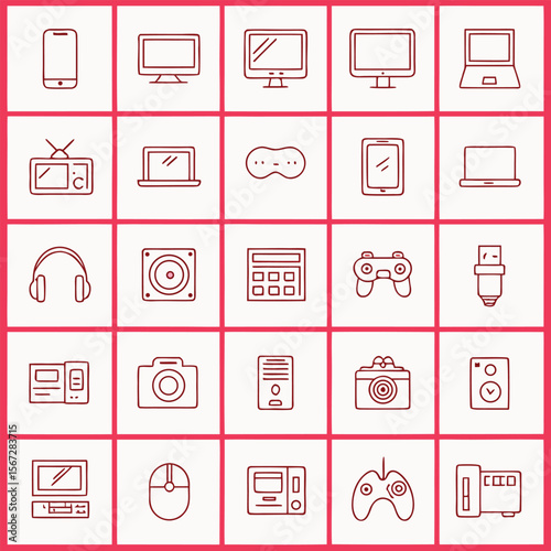 Outlined electronics pattern features common gadgets like a phone, laptop, headphone, and controller