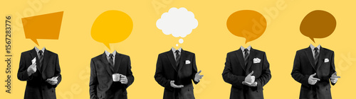 Success Business Man with Speech Bubble Head. Creative Design. Abstract Art. Collage Art. Concept Art. Poster Banner Flyer Background. Message Dialog Speak Say Email 