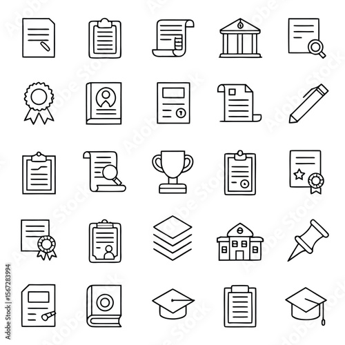Outlined school education icons symbolize learning processes and graduation achievement with a transparent background