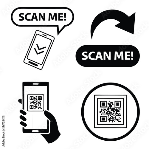 Scan Me messages accompany a phone with arrow and QR code icons in black