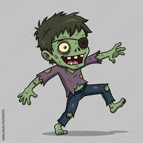 Cartoon zombie with green skin, eyepatch, and messy hair wearing a torn purple shirt and blue pants, walking with outstretched arms.