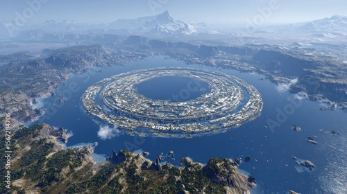 Circular city on a lake, mountains in background