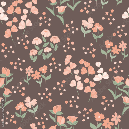 Fantasy Flowers in Shades of Peach Oranges with Sage Green Leaves on Coffee Brown creating a seamless pattern print
