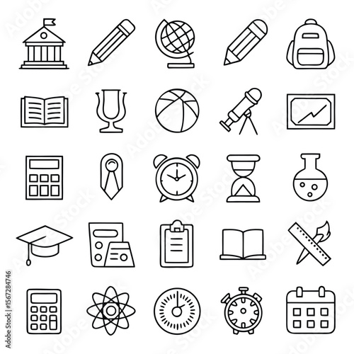 Twenty five outlined education icons showcase diverse learning tools and subjects on a transparent background