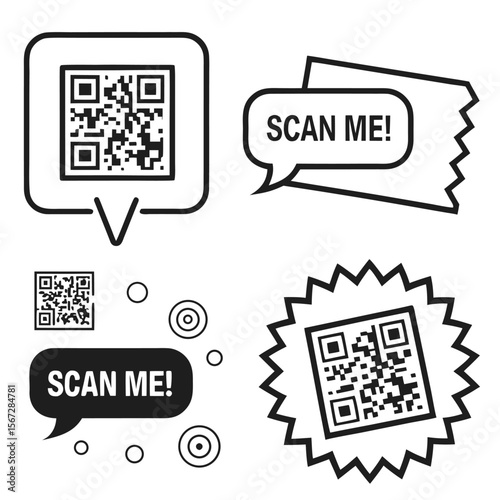 Various elements promote scanning QR codes with speech bubbles; transparent background
