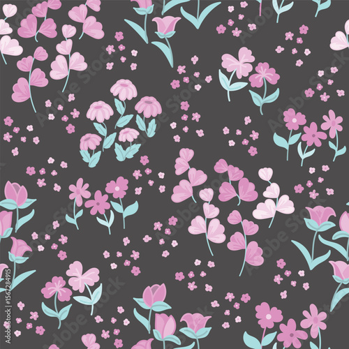 Fantasy Flowers in Shades of Pinks with Teal Green Leaves on Deep Burgundy creating a seamless pattern print