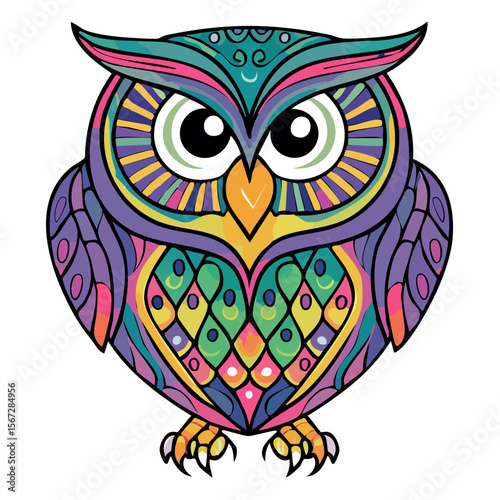 stylized front-facing owl with concentric eye rings and bold lines