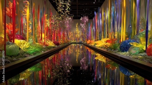 Colorful glass art reflecting in a pool