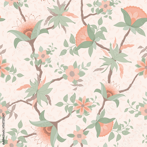 Trailing Vines of Fantasy Flowers in Shades of Oranges with Sage Green Leaves on a Pale Peach Background creating a seamless pattern print