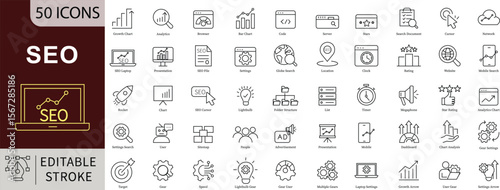 Modern SEO Line Icons Set with Editable Stroke for Web Optimization and Digital Marketing Strategy