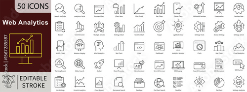 Web Analytics Line Icons Set with Editable Stroke for Digital Insights and Website Performance Tracking