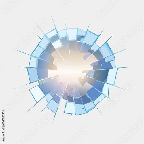 Shattered glass circle, radiating fragments, light emanating from center, abstract design.