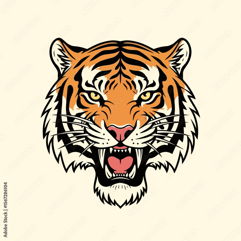 Fierce Roaring Tiger Head Illustration with Sharp Teeth and Yellow Eyes Fierce Roaring Tiger Head Illustration with Sharp Teeth and Yellow Eyes