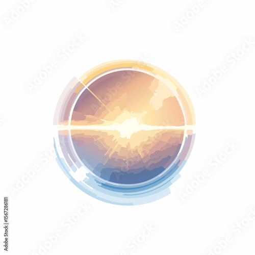 Abstract circular artwork depicting a sunrise or sunset, vibrant colors, and a central burst of light.