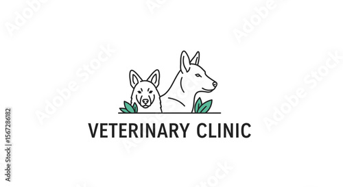 Veterinary Clinic Logo with Two Dog Heads and Green Leaves