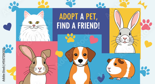 Adopt a Pet Poster with Cat, Dog, Rabbits, and Guinea Pig on Colorful Background