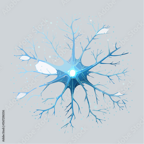 Abstract illustration of a neuron cell with glowing center and branching dendrites on a grey background.