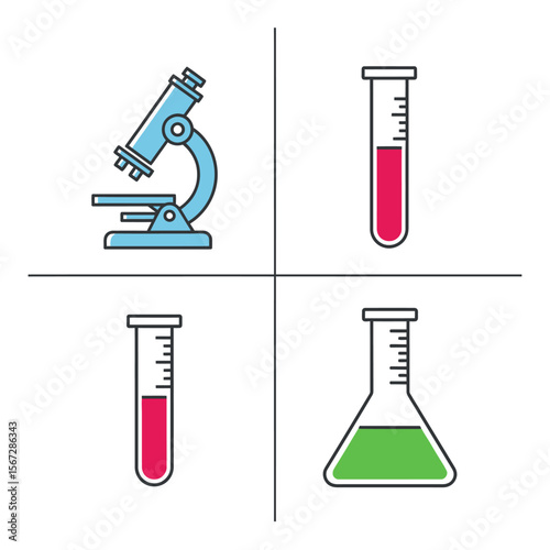 Colorful Science Equipment Set with Microscope, Test Tubes, and Flask in Quadrants