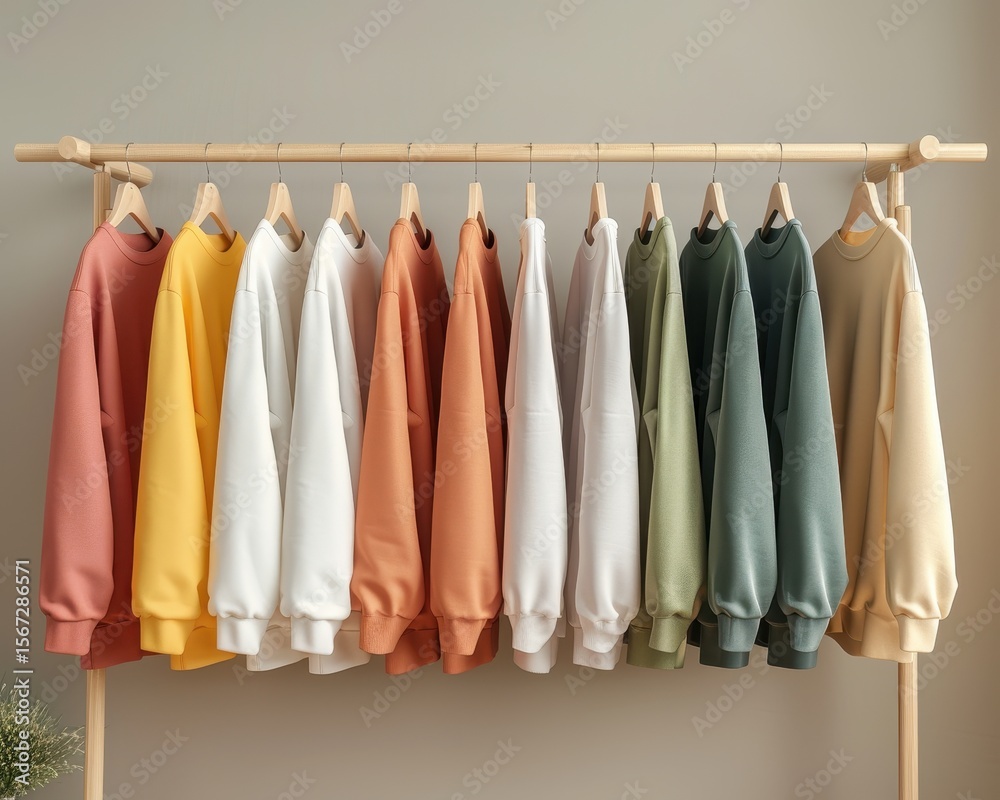 A row of colorful sweatshirts neatly hanging on wooden hangers from a wooden clothing rack against a neutral background. A row of colorful sweatshirts neatly hanging on wooden hangers from a wooden clothing rack against a neutral background.