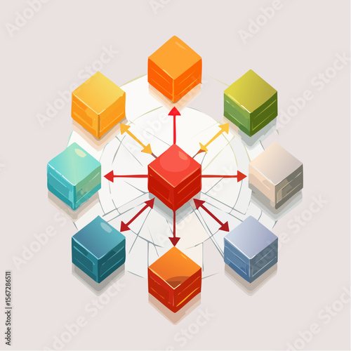 Colorful isometric cubes connected by lines and arrows, forming a network.