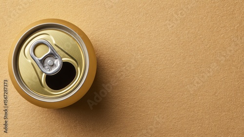 Close-up high angle view of beer or soda can with golden aluminum top and pull tab on white background with copy space, showing modern beverage packaging and refreshment concept