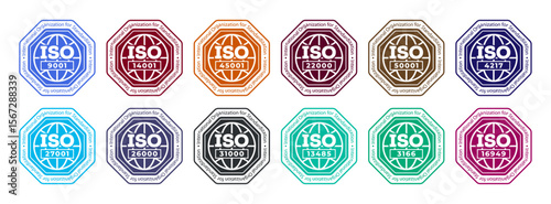 Set of International Organization for Standardization stamp: 3166, 13485, 31000, 26000, 27001, 22000, 45001, 50001, 9001, 14001, 4217, 16949. Set of popular standards ISO.	