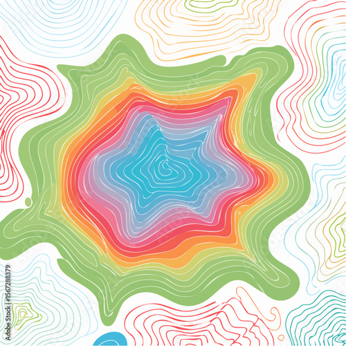 Abstract colorful concentric shapes radiating outwards from a blue center, surrounded by other organic forms.