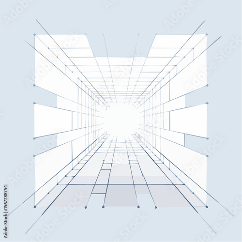 Perspective drawing of a hallway with rectangular openings, leading to a bright light.