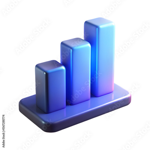 3D Bar Chart Icon in Glossy Blue Gradient Style – Modern Analytics and Data Visualization Symbol for Business, Finance, and Dashboard UI Design