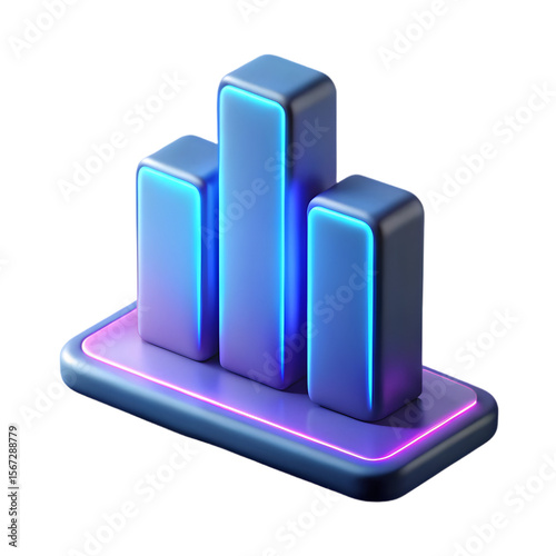 3D Bar Chart Icon in Glossy Blue Gradient Style – Modern Analytics and Data Visualization Symbol for Business, Finance, and Dashboard UI Design