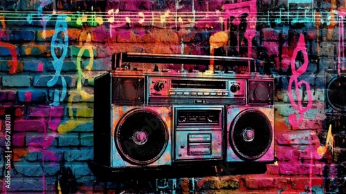 A colorful retro boombox on graffiti wall background shows 90s music vibe, urban culture, and funky street style with bold design