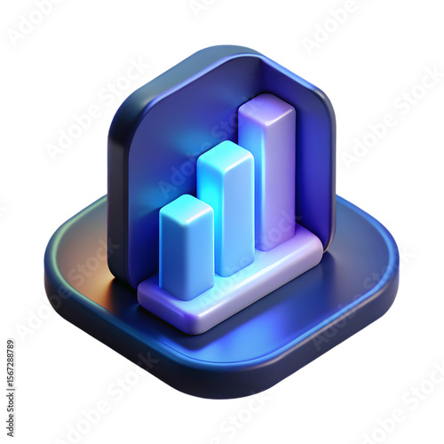 3D Bar Chart Icon in Glossy Blue Gradient Style – Modern Analytics and Data Visualization Symbol for Business, Finance, and Dashboard UI Design