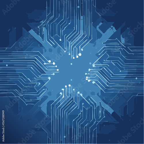 Abstract representation of a digital circuit board with interconnected pathways and central core.