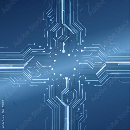 Abstract digital circuitry design, glowing blue lines converge at the center, creating a technological network pattern.
