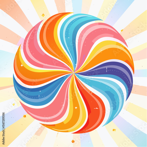A vibrant, colorful swirl design with radiating lines, creating a cheerful, eye-catching visual.