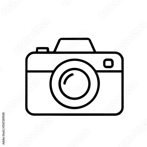Simple black and white line drawing of a modern digital camera.