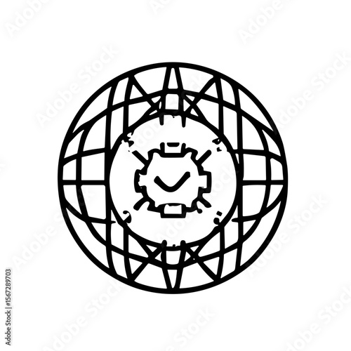 A black and white graphic of a globe with interconnected lines, centered on a gear with a checkmark, symbolizing global approval or interconnected systems.