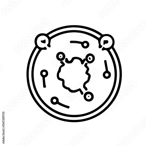 Abstract illustration of a cell with internal structures and surrounding elements inside a circular boundary.