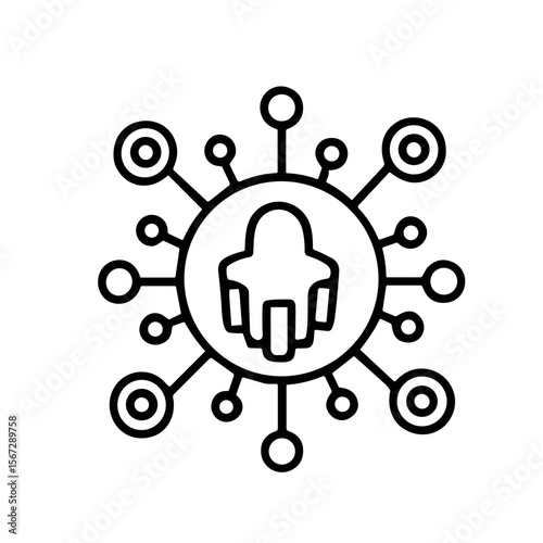 A stylized icon of a person connected to a network of circles and lines, suggesting social interaction or community.