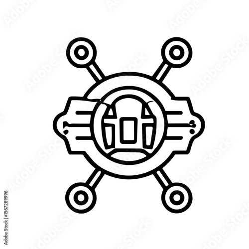 Abstract graphic design of a stylized, interconnected central element with four outward extensions.