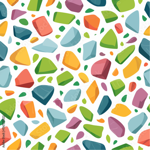 Colorful abstract pattern featuring irregularly shaped geometric elements scattered across a white background.
