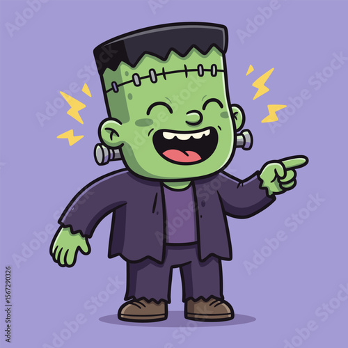 Smiling cartoon Frankenstein with green skin, black hair, and neck bolts, dressed in purple, pointing cheerfully on a light purple background.