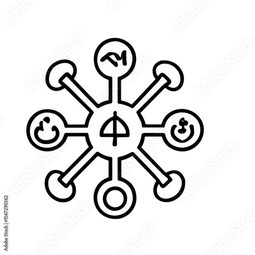 A black and white graphic design of interconnected circular shapes, representing a network or interconnected concepts.