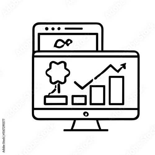 Desktop screen displays upward trending graph alongside a growing plant, symbolizing sustainable growth and positive progress.