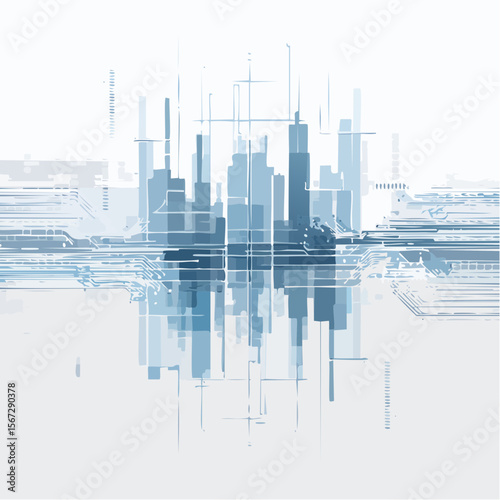 Abstract cityscape illustration, blending urban architecture with technological circuitry, creating a futuristic, interconnected urban landscape.