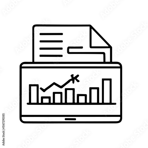 A line drawing of a laptop displaying a bar graph with an upward trending line, and a document.