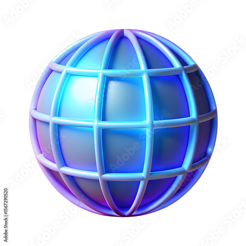 3D Render of a Glowing Global Sphere Icon with Neon Grid Lines in Blue and Pink Representing Internet, Global Connectivity, and Worldwide Network