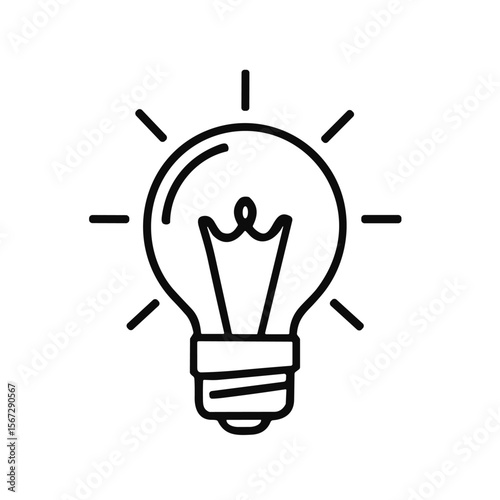 A simple line drawing of a light bulb, radiating light, isolated on a white background.