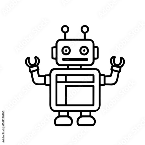 Simple black line drawing of a friendly robot, standing upright with arms outstretched.