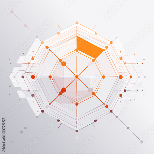 Abstract geometric design featuring interconnected hexagons and lines, creating a complex, three-dimensional effect with orange accents.
